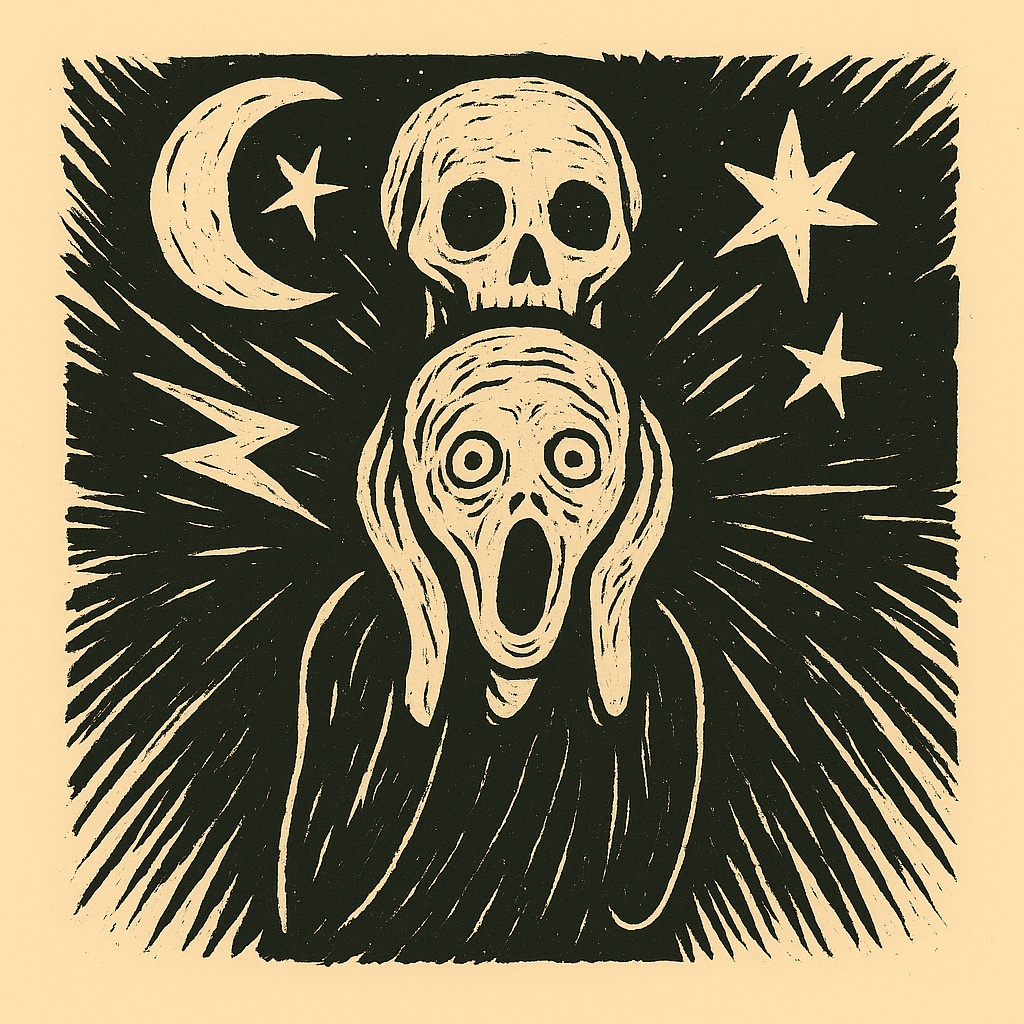 A screaming figure with a skull on its head, against a dark, radiating background with a crescent moon and stars, in a rough woodcut style.